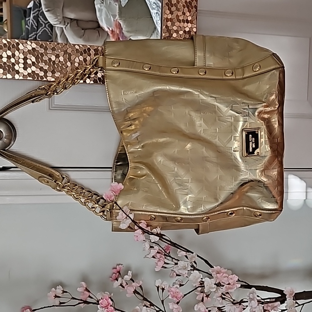 Michael Kors Delancy Pale Gold MirrorMetallic Monogram Logo Tote